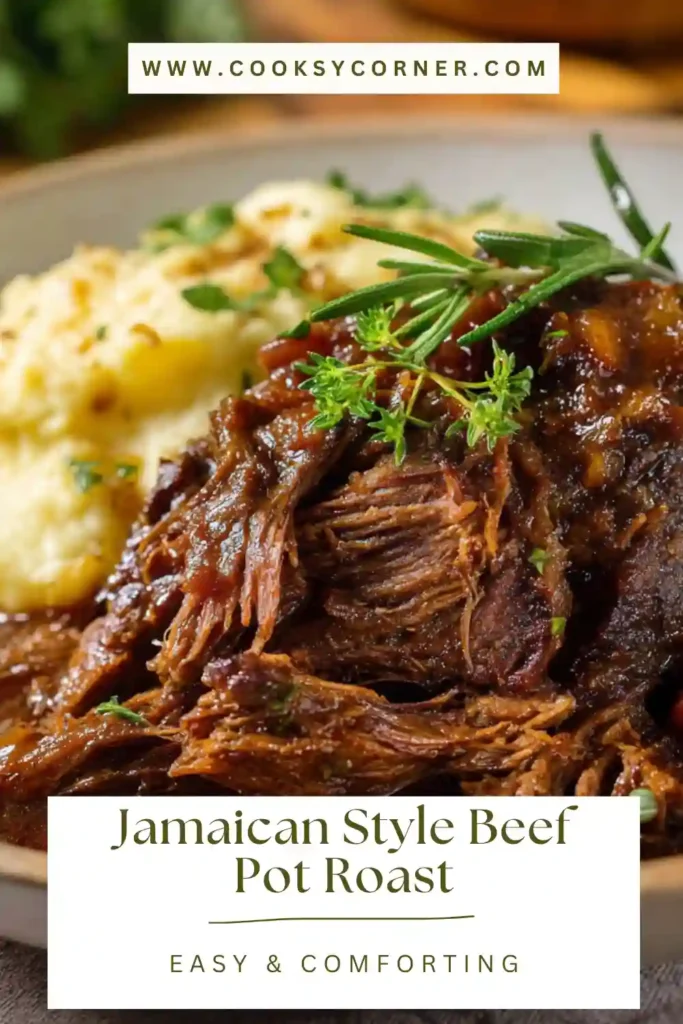 Caribbean beef chuck roast slow cooked with thyme and scallions.