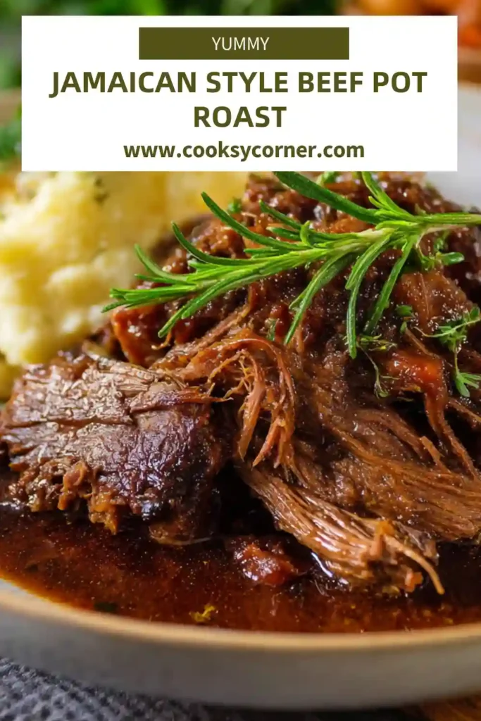 Jamaican Style Beef Pot Roast served in a pot with rich brown gravy and baby potatoes.