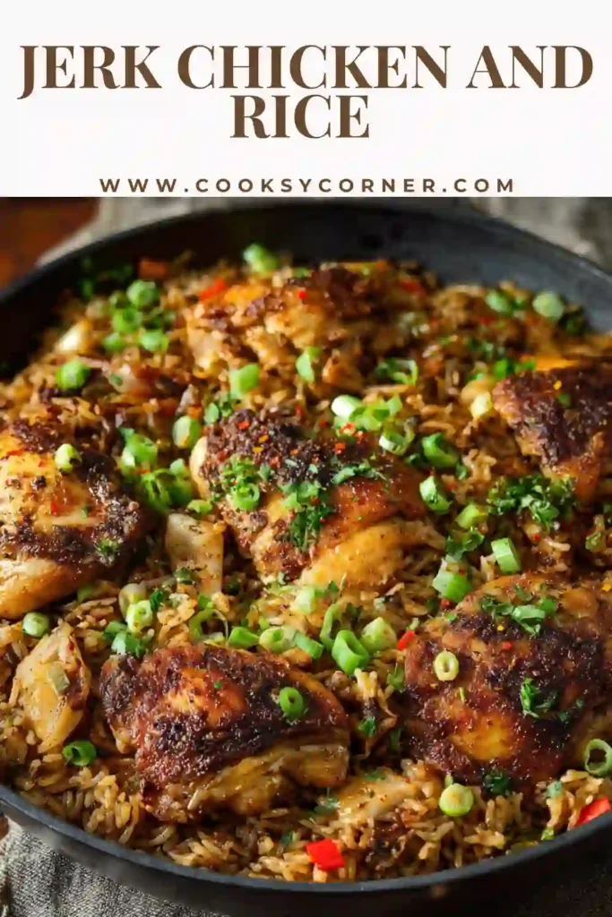One-pot jerk chicken and rice recipe simmering in a heavy pot with tender chicken thighs resting over fluffy basmati rice.