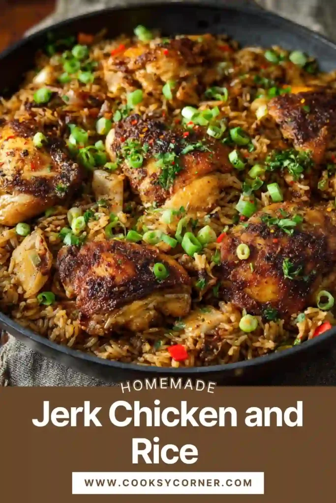 Close-up of Caribbean jerk chicken served over seasoned rice with peas and carrots. The chicken is golden brown and coated in flavorful jerk seasoning.