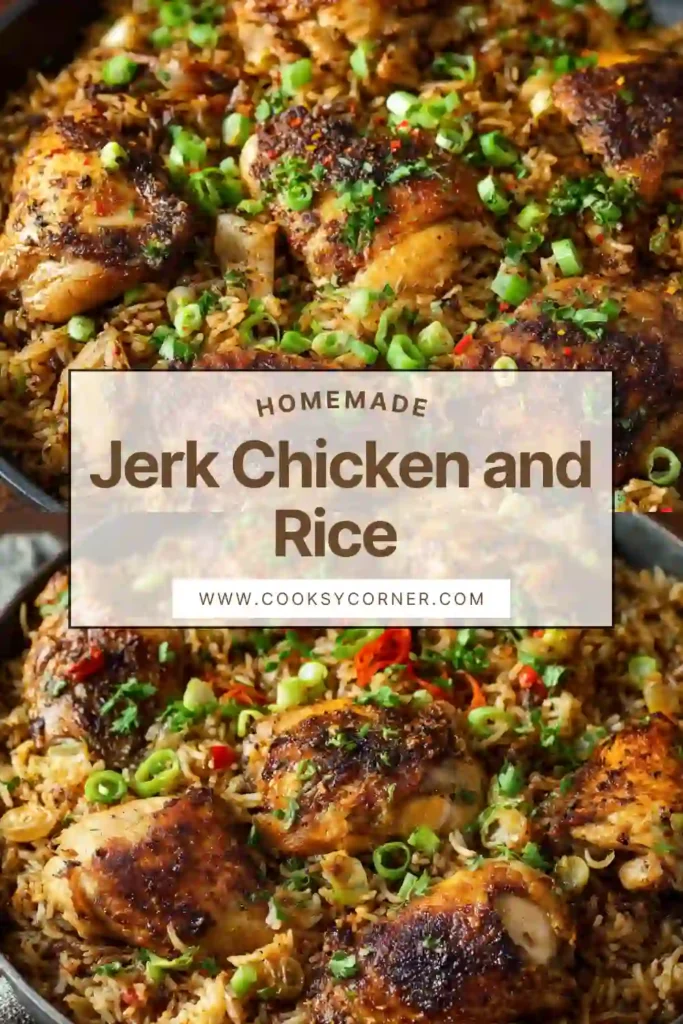 A pot of jerk chicken and rice made with seasoned chicken thighs, basmati rice, peas, and carrots cooked together in one pot. The rice looks fluffy and richly colored with Caribbean spices.