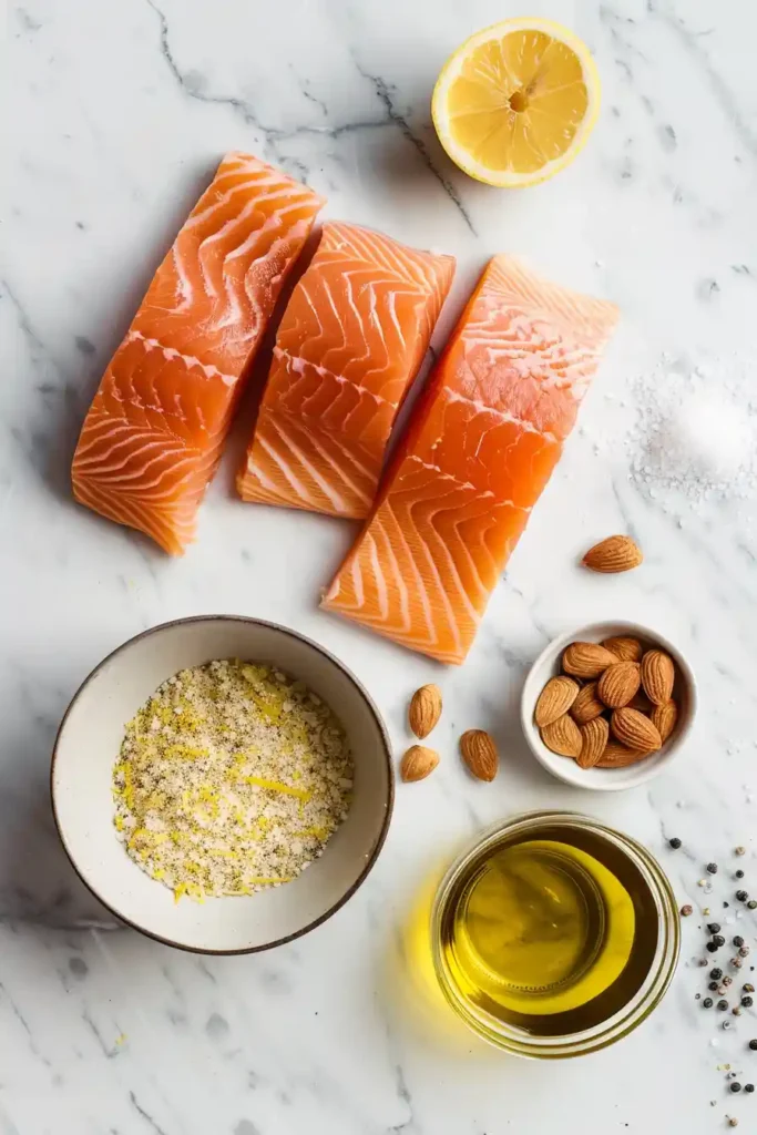 Lemon almond crusted salmon with a golden crunchy topping made from chopped almonds, panko breadcrumbs, and fresh lemon zest. The salmon is pan-seared until crisp on the outside and tender inside.
