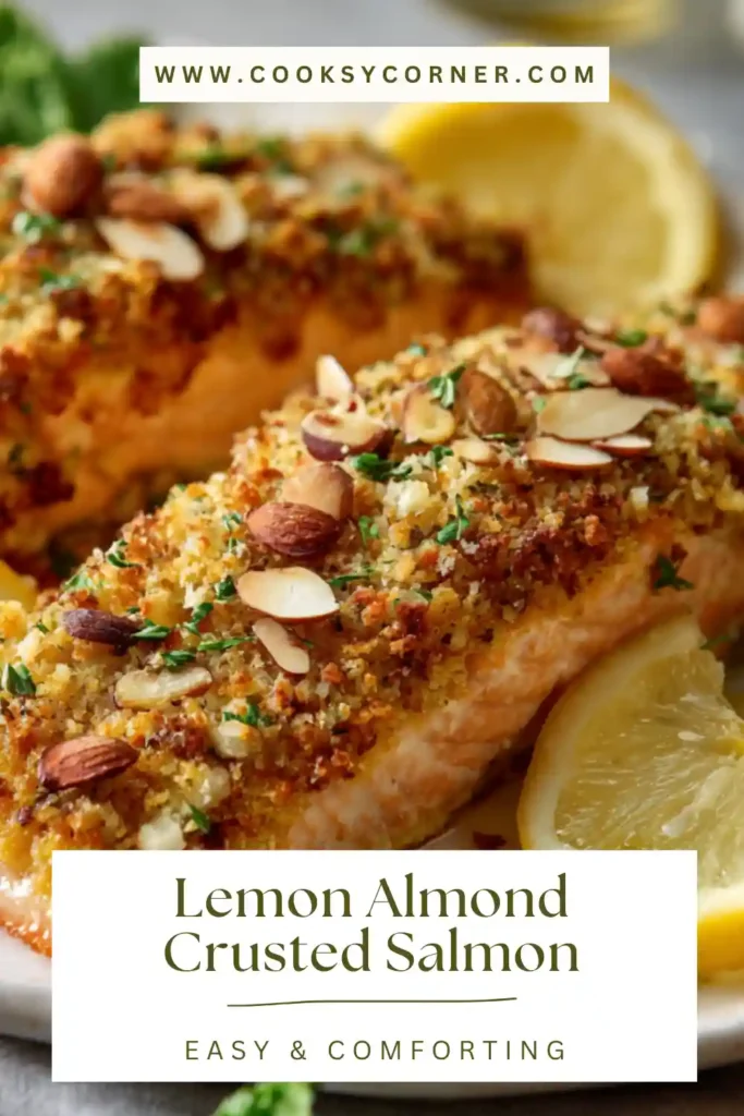 Healthy lemon almond crusted salmon with a crisp almond topping and lightly seasoned salmon fillet. A simple and elegant salmon recipe made with lemon zest and olive oil.