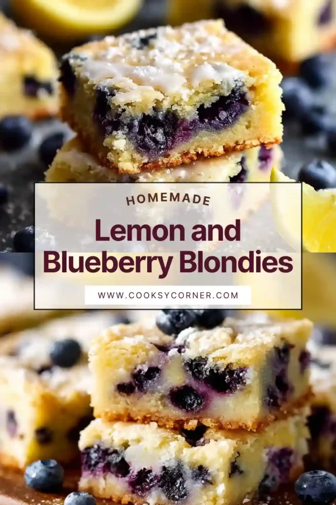 Lemon and Blueberry Blondies sliced into squares, showing a soft center with fresh blueberries and white chocolate drizzle.