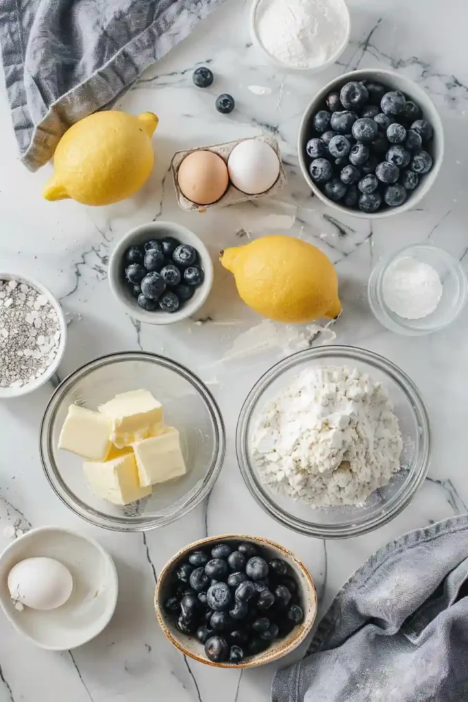 Stacked lemon and blueberry blondies highlighting their soft crumb, citrus zest, and white chocolate finish.