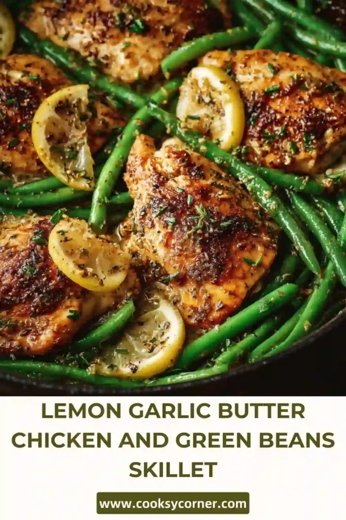 Skillet chicken thighs with green beans and fresh herbs.