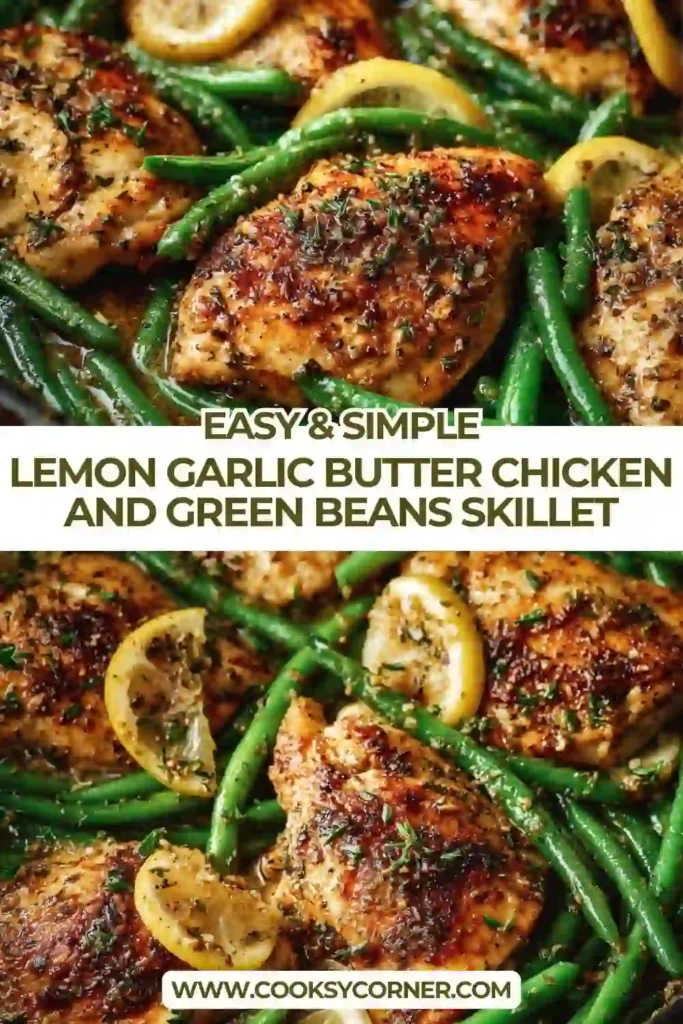 One pan chicken and green beans coated in garlic butter sauce.
