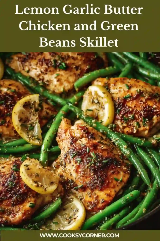 Lemon garlic butter chicken thighs in skillet with fresh green beans and lemon slices.