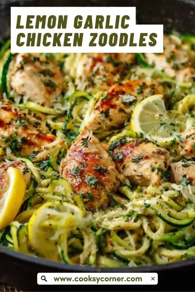 Healthy chicken zoodles tossed in lemon garlic sauce.