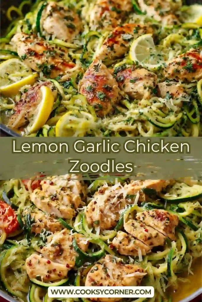 Lemon garlic chicken zoodles with zucchini noodles, tomatoes, and parmesan.