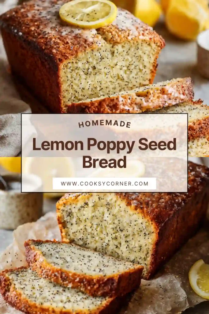Moist lemon poppy seed bread sliced on a board