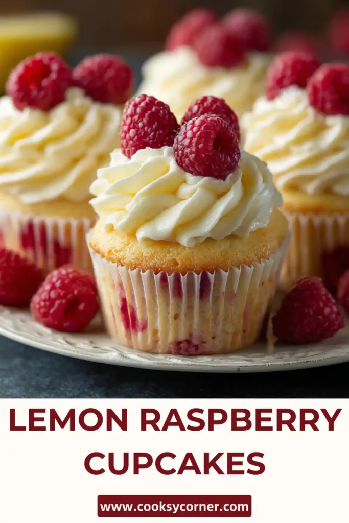 Homemade lemon raspberry cupcakes arranged on a tray with lemon slices.