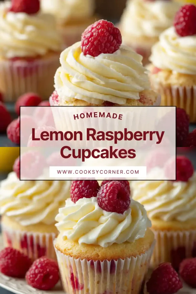 Close-up of fluffy lemon raspberry cupcake with visible berries inside.