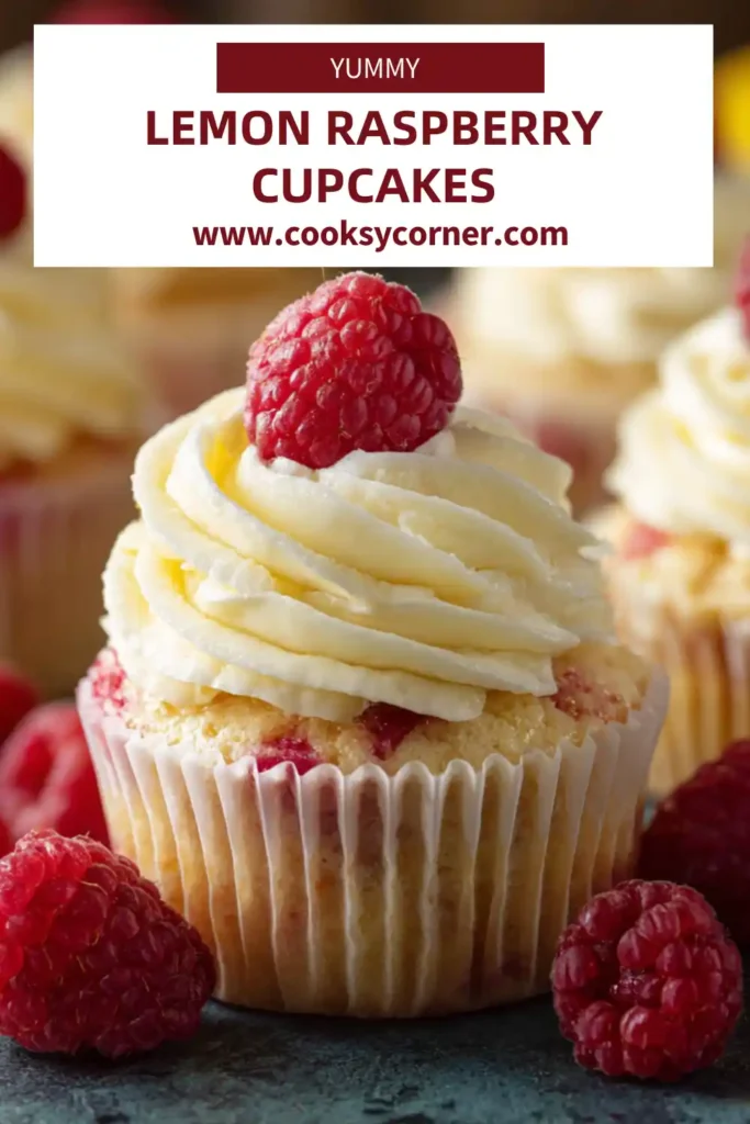 Lemon raspberry cupcakes topped with creamy lemon frosting and fresh raspberries.