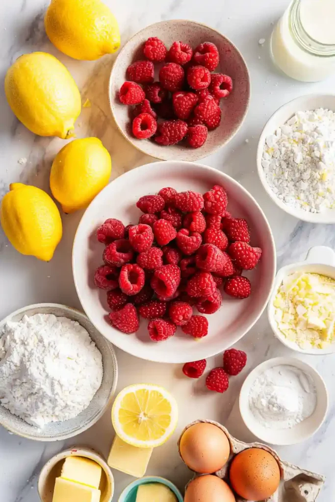 Lemon cupcakes with raspberries and cream cheese frosting swirl.