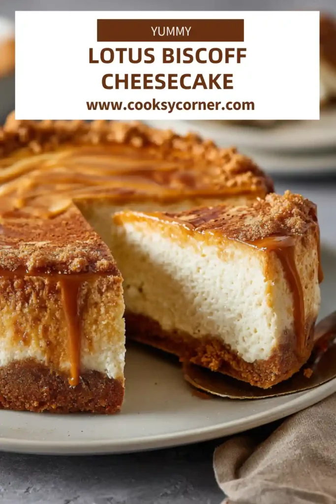 Homemade Lotus Biscoff Cheesecake decorated with crushed biscuits and caramel drizzle. The texture looks rich and silky.
