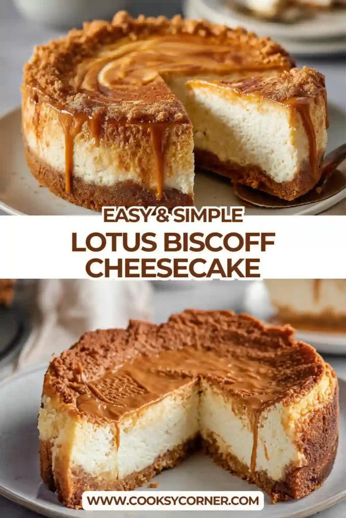 Slice of Lotus Biscoff Cheesecake showing smooth creamy interior and thick biscuit crust. The top is coated with melted Biscoff spread.