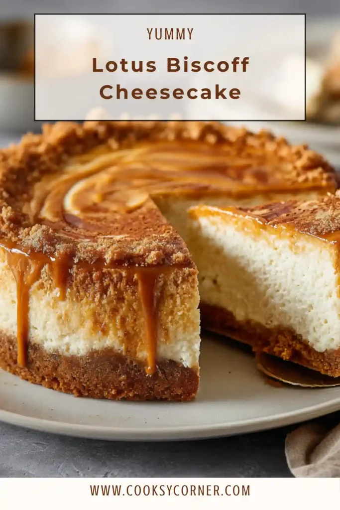 Lotus Biscoff Cheesecake with glossy caramel Biscoff topping and whole biscuits on top. The creamy cheesecake sits on a golden biscuit crust.