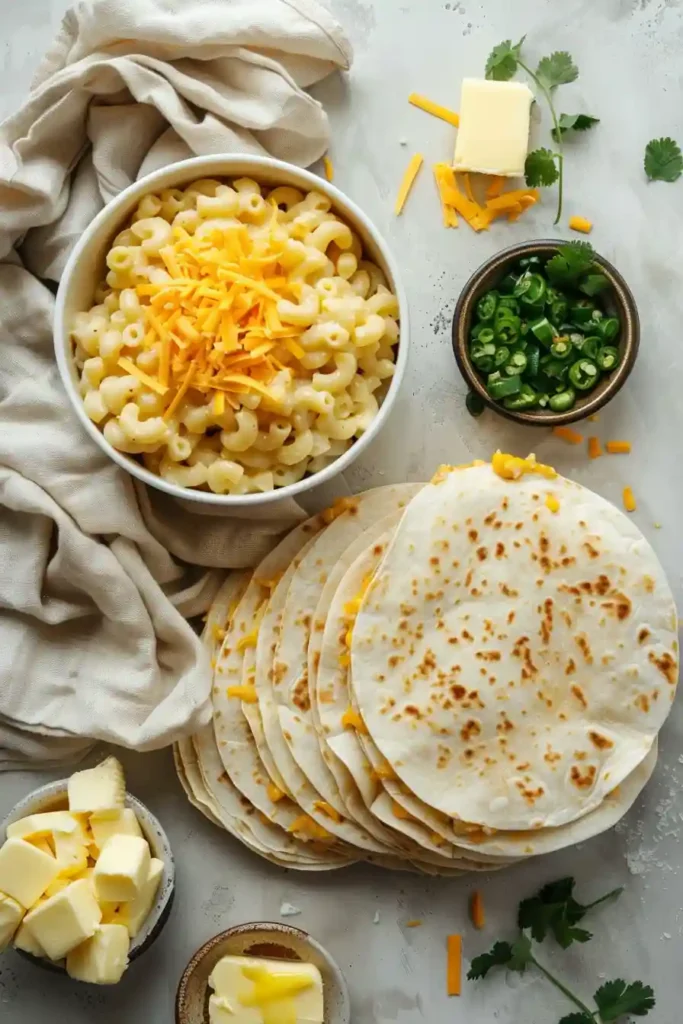 Mac and Cheese Quesadilla Recipe served warm with salsa and sour cream on the side.