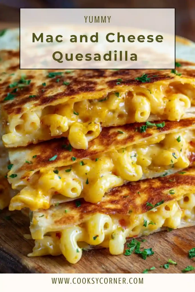 Close-up of cheesy mac and cheese quesadilla with green chiles on a serving plate.