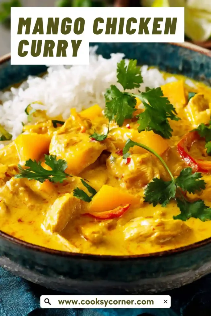 Bowl of mango chicken curry topped with green chilli and herbs.