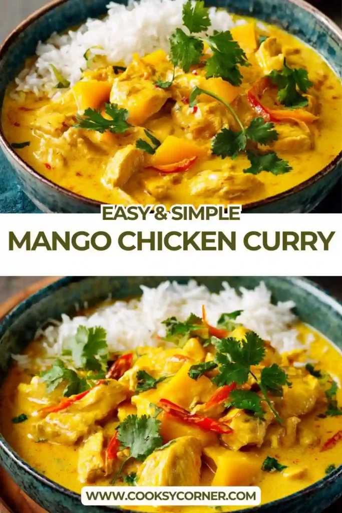 Creamy mango chicken curry simmering in a pan with coconut sauce.