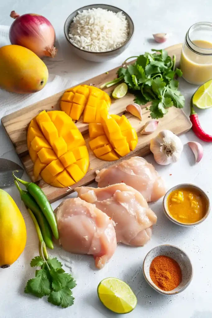 Tender chicken pieces in rich mango coconut curry sauce.