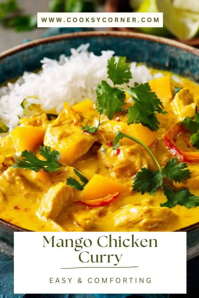 Mango Chicken Curry served over basmati rice with fresh coriander and lime wedges.