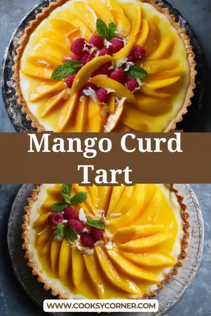 Slice of mango lime curd tart with buttery almond crust.