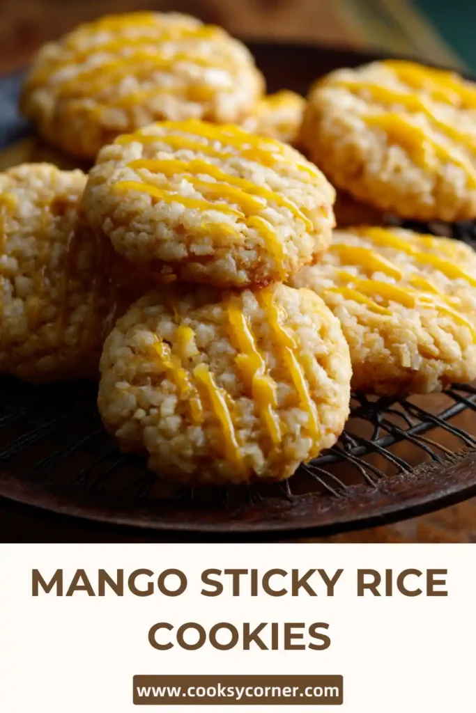 Mango Sticky Rice Cookies with marbled mango dough and coconut glaze drizzle.