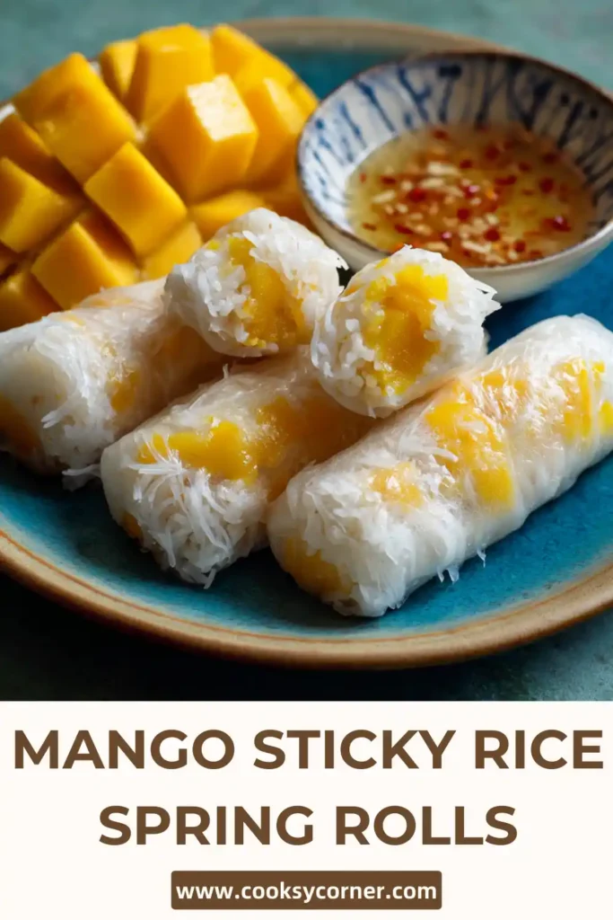 Fresh mango sticky rice rolls arranged on plate with coconut sauce drizzle.