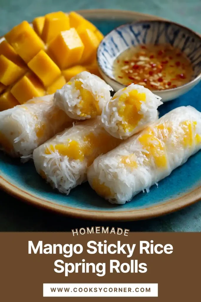Close-up of tropical mango spring rolls showing creamy rice and vibrant mango wrapped in rice paper.