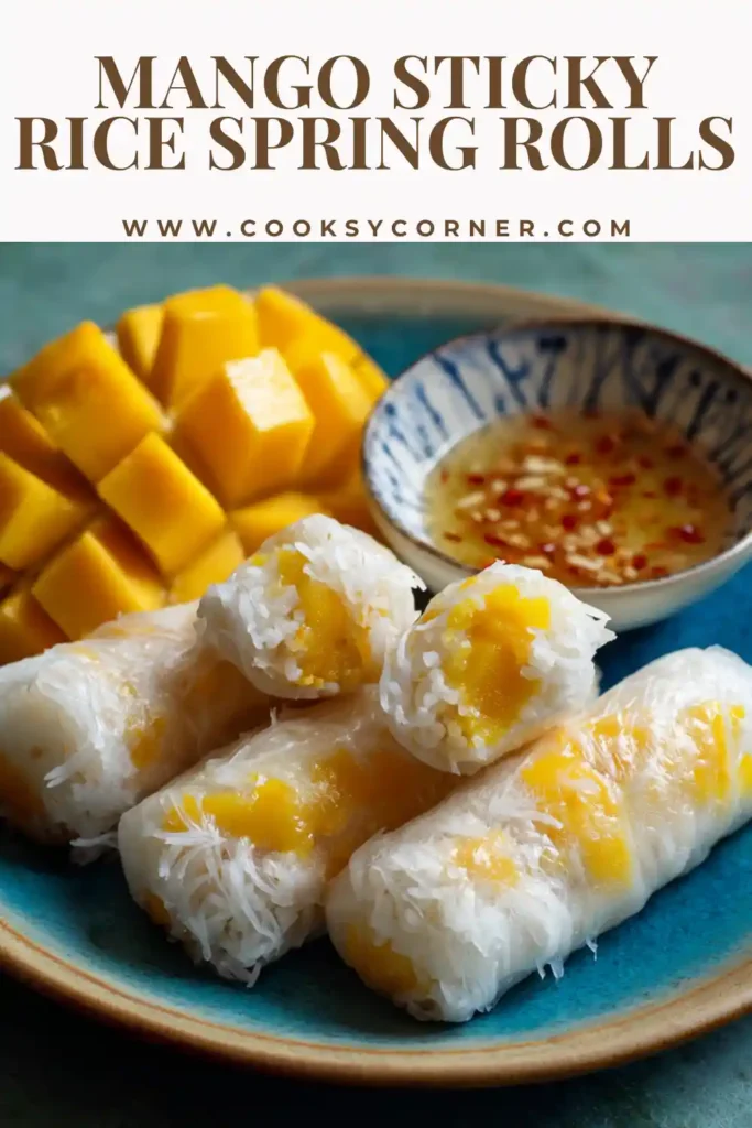 Mango Sticky Rice Spring Rolls filled with coconut sticky rice and fresh mango slices, topped with sesame seeds and coconut drizzle.