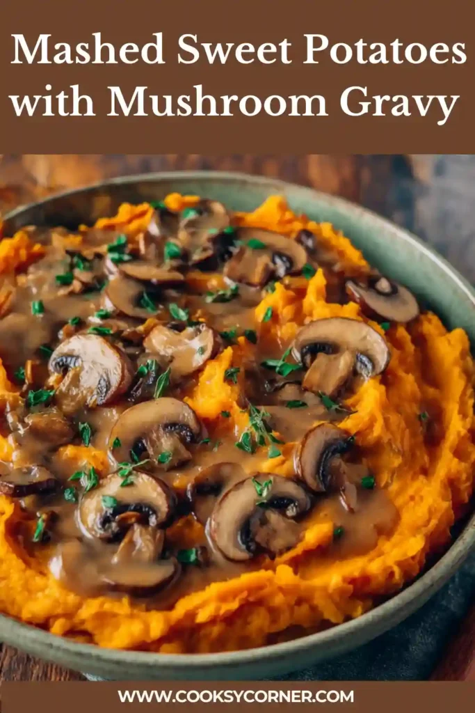 Close-up of sweet potato mash with mushrooms and thyme.