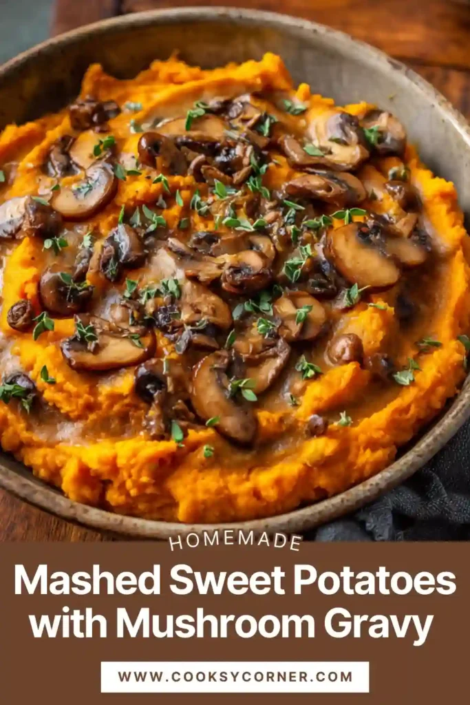 Creamy vegan mashed sweet potatoes with savory mushroom gravy.