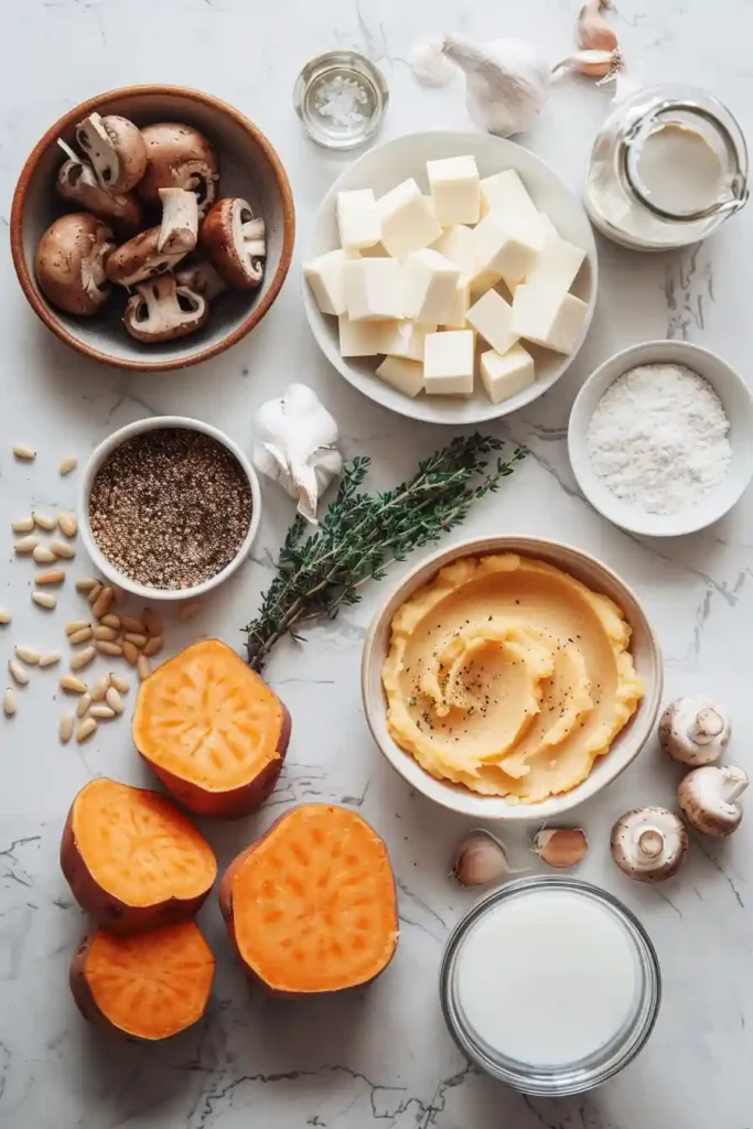 Vegan comfort food mashed sweet potatoes and gravy.