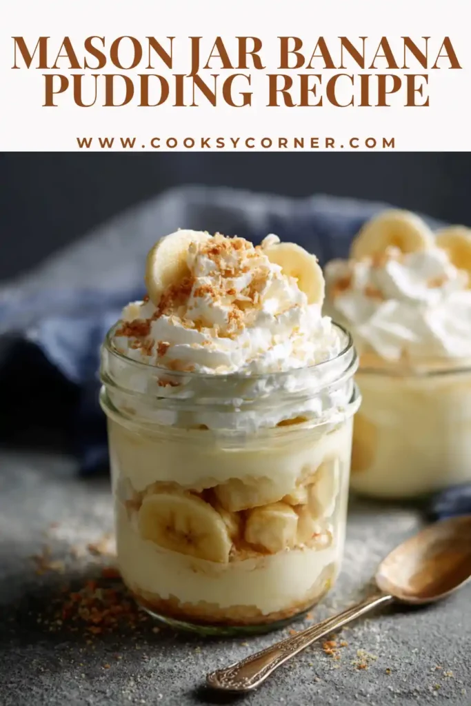 Close-up of mason jar banana pudding showing smooth pudding layers with fresh bananas and vanilla wafers. Perfect individual dessert jars.
