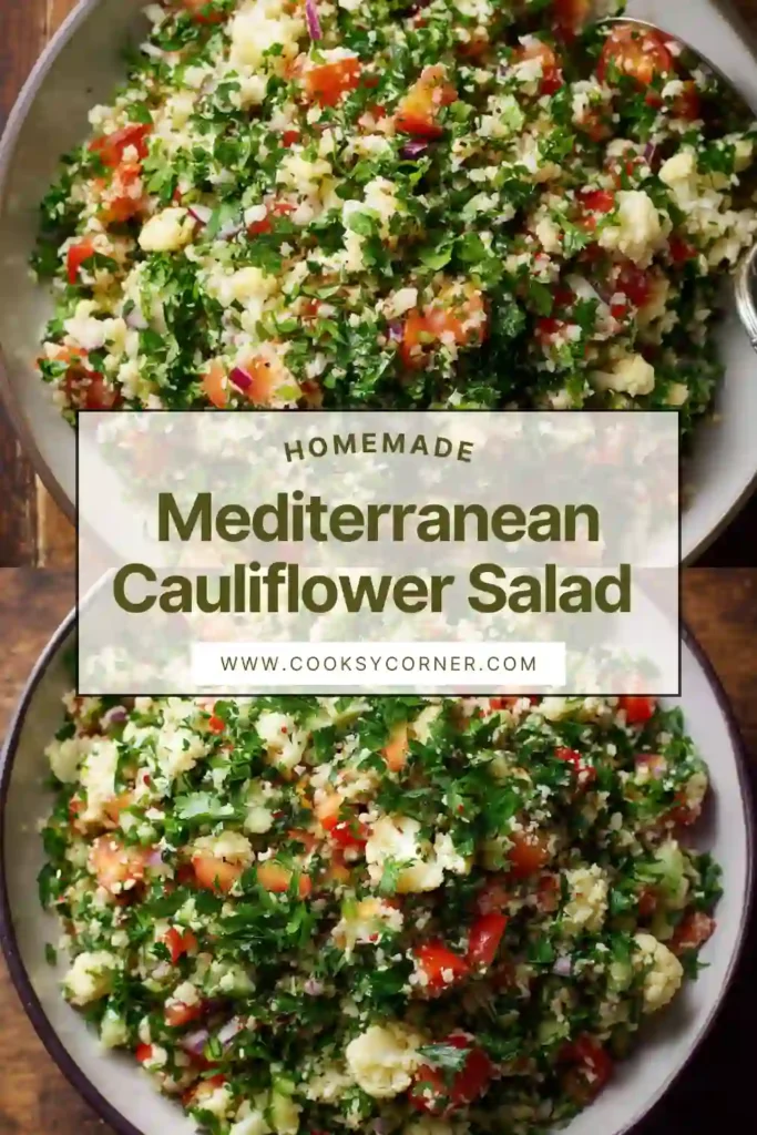 Bowl of Mediterranean Cauliflower Salad with lemon and olive oil dressing.