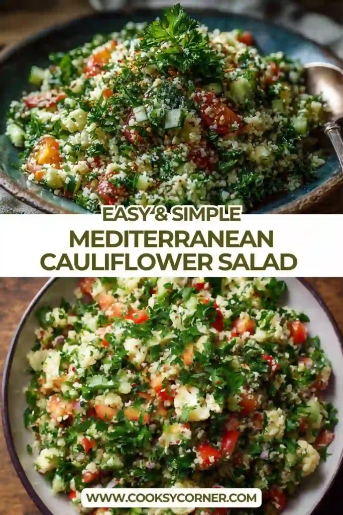 Close-up of gluten free tabouli with finely chopped cauliflower and fresh herbs.