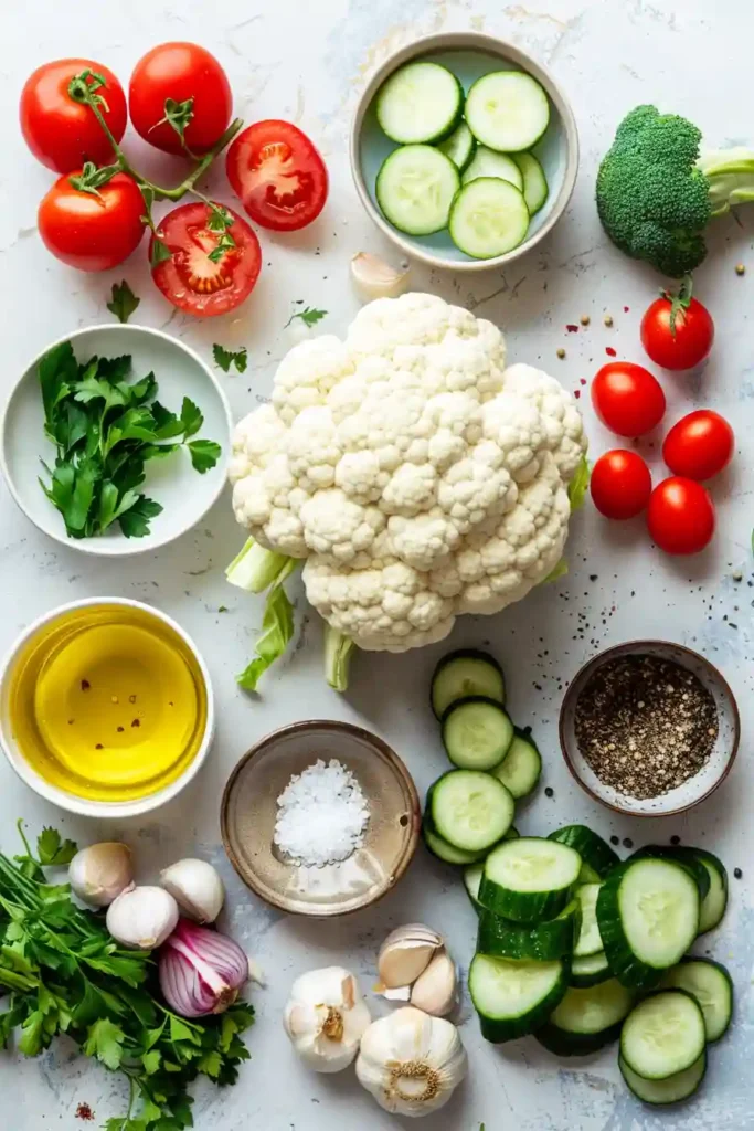 Fresh cauliflower tabbouleh with parsley, tomatoes, and red onion.
