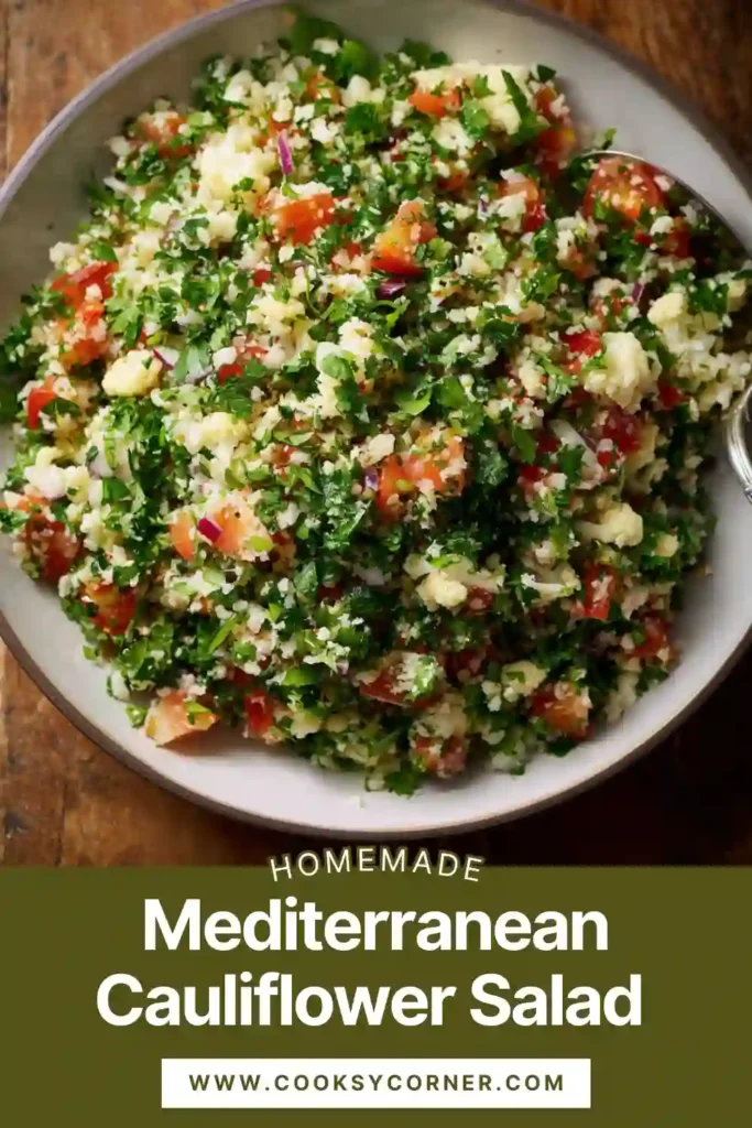 Mediterranean Cauliflower Salad made with cauliflower rice, parsley, tomatoes, and cucumber in a large bowl.