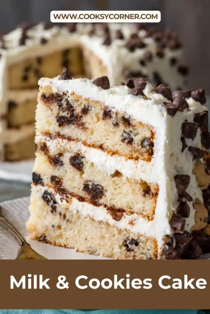 Chocolate chip Milk & Cookies Cake decorated with smooth buttercream and glossy ganache topping.