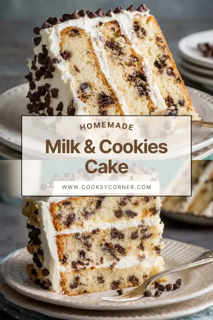 Slice of Milk & Cookies Cake showing soft vanilla cake layers filled with mini chocolate chips and creamy frosting.