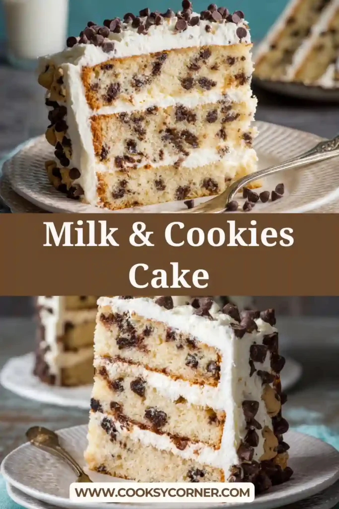 Layered Milk & Cookies Cake with vanilla buttercream and dark chocolate ganache drip topped with chocolate chip cookies.