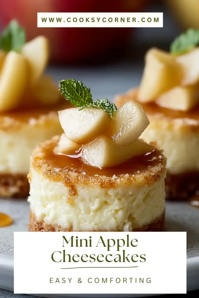 Close-up of individual mini apple cheesecakes showing cinnamon crust and glossy apple topping.