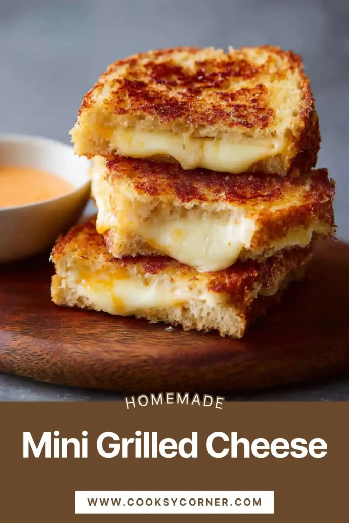 Close-up of bite sized grilled cheese sandwiches brushed with garlic butter and Italian seasoning. Cheese stretching as sandwich is pulled apart.