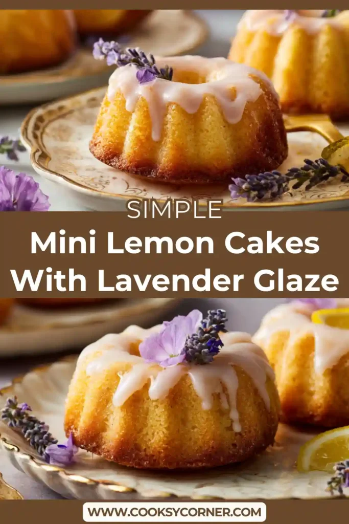 Spring mini cakes with glossy lavender glaze and delicate floral decoration.