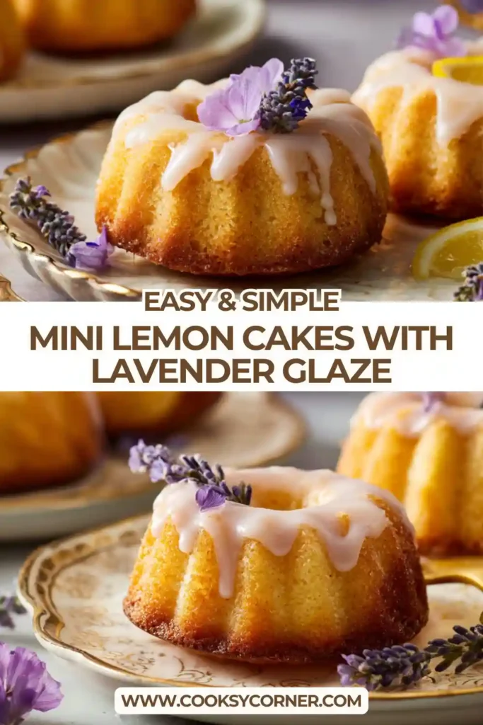 Close-up of lemon lavender mini cakes drizzled with floral glaze and garnished with zest.
