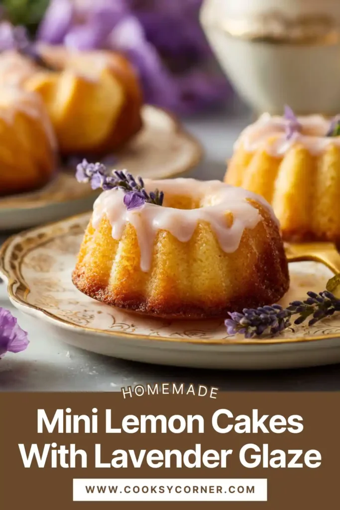 Mini Lemon Cakes With Lavender Glaze topped with edible flowers and fresh lemon zest on a pastel serving plate.