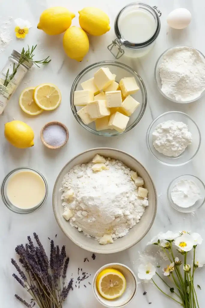 Soft mini lemon cakes drizzled with floral lavender glaze and garnished with zest.